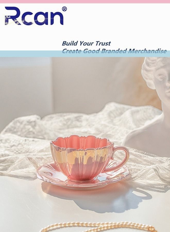 Rcan Flower Shape Pearl Pink Coffee Cup Saucer Set Ceramic Cup Gift Tea Cup Afternoon Tea Water Juice Coffe Milk Breakfast Coffee Mug For Women Adults - Image 2