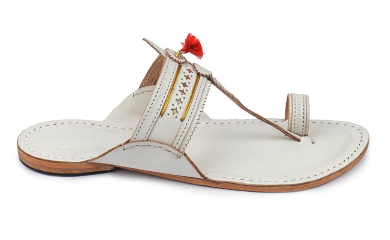 KORAKARI Mens Handmade Kolhapuri Chappal Authentic White with Star Punching Comfortable Flip Flops Stylish Anti Slip Design Durable Slipper Sandals Genuine Leather Traditional Indian Footwear (UK-09) - Image 2