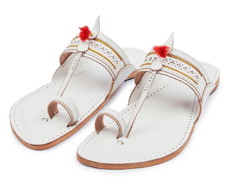 KORAKARI Mens Handmade Kolhapuri Chappal Authentic White with Star Punching Comfortable Flip Flops Stylish Anti Slip Design Durable Slipper Sandals Genuine Leather Traditional Indian Footwear (UK-09) - Image 4