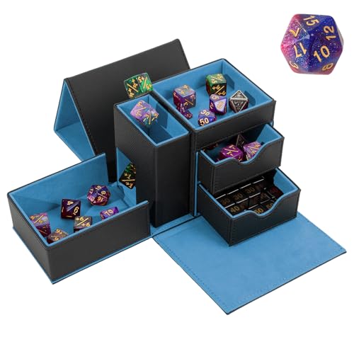 Stepane Dice Tray Dice Tower Storage Box 3 in 1 Dice Holder Case Dice Rolling Tray Dice Rolling Tower Dice Storage Drawers Leather Magnetic Closure DND Accessories Gifts for RPG MTG BlackBlue - Image 1