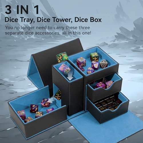 Stepane Dice Tray Dice Tower Storage Box 3 in 1 Dice Holder Case Dice Rolling Tray Dice Rolling Tower Dice Storage Drawers Leather Magnetic Closure DND Accessories Gifts for RPG MTG BlackBlue - Image 5