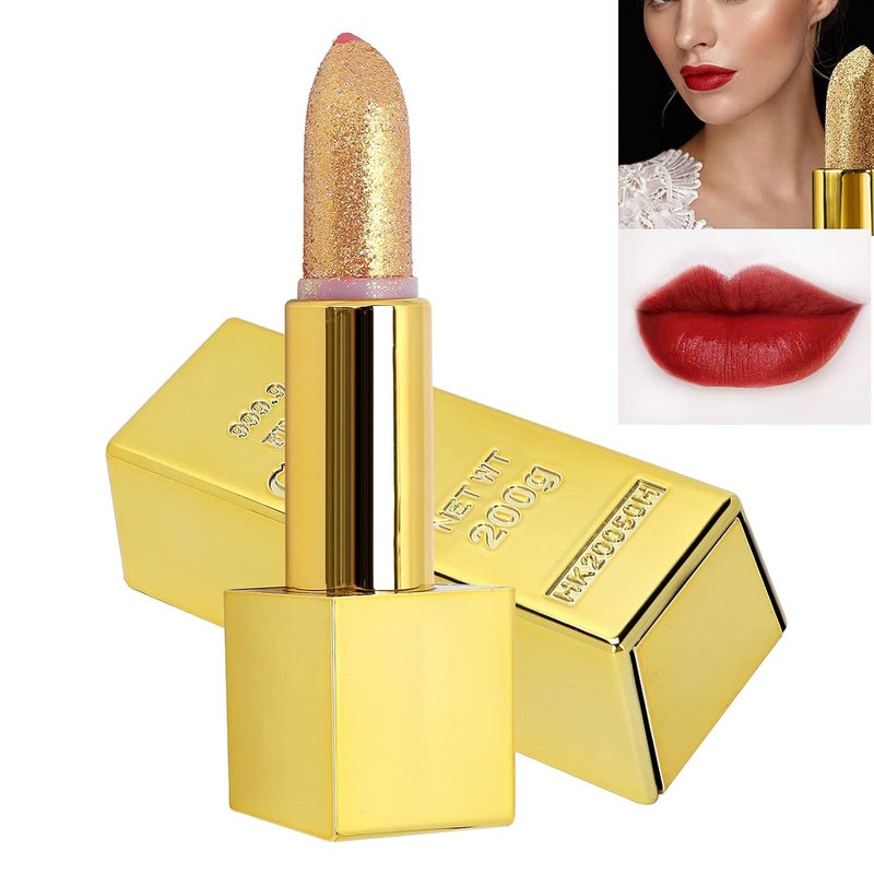 Lipstick, Sparkle Lipstick Gold Bar Design Shimmering lipstick for long-lasting shine & intense color Waterproof Long-lasting Moisturizing Smooth Lips Make-up Cosmetics 3.5g(02)