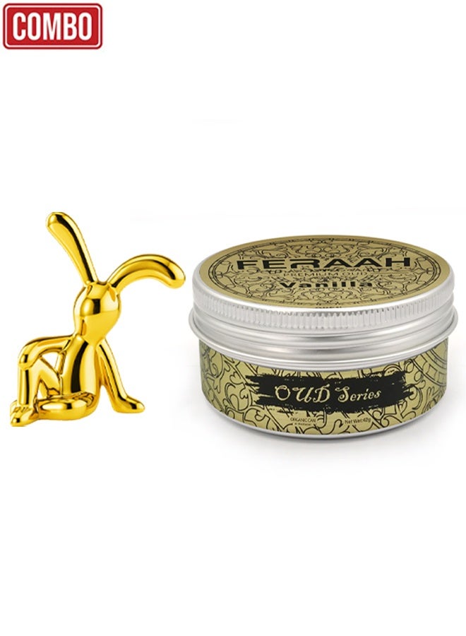 تمثال أرنب ذهبي مزخرف + معطر جو للسيارة برائحة الفانيليا والعود من فيرار | جل عضوي، رائحة تدوم طويلاً، مجموعة مثالية لتزيين المنزل والمكتب ولوحة قيادة السيارة. - Image 1