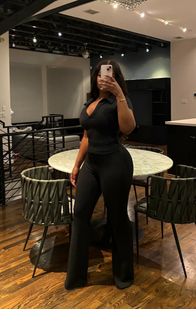 HBQ Womens 2 Piece Outfit Ribbed Short Sleeve V Neck Polo Top Flare Pants Casual Lounge Sets Tracksuit-Black-XL - Image 2