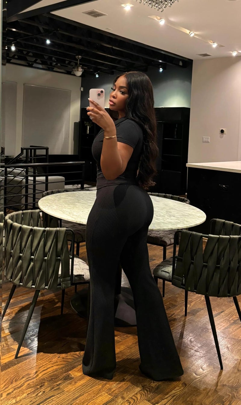 HBQ Womens 2 Piece Outfit Ribbed Short Sleeve V Neck Polo Top Flare Pants Casual Lounge Sets Tracksuit-Black-XL - Image 3