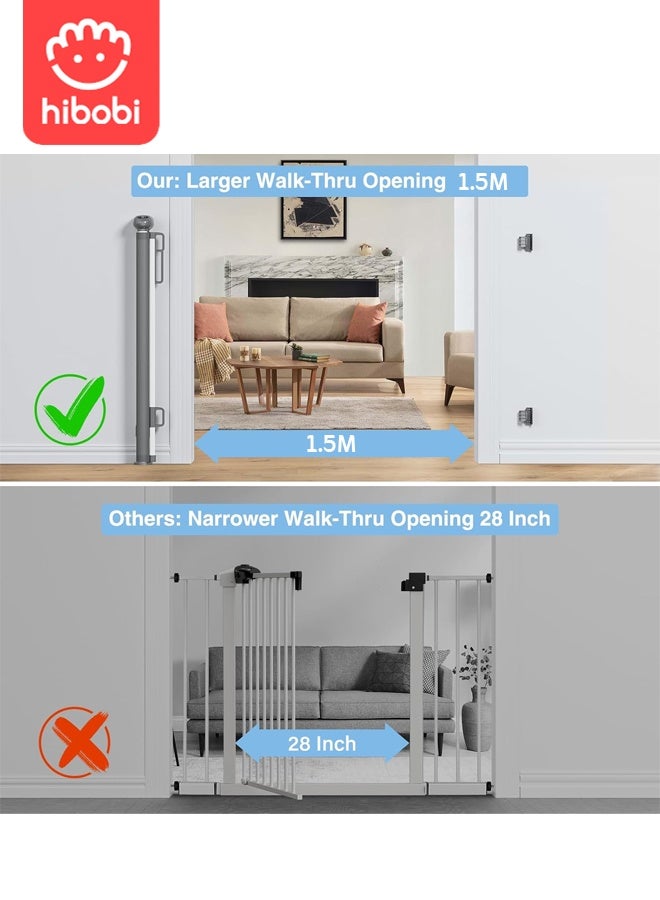 هيبوبي بوابة أمان للأطفال والحيوانات الأليفة قابلة للسحب من hibobi | ‎150x86‎ سم | بدون عارضة سفلية، لا تعثر | تشغيل بيد واحدة + قفل أمان | تركيب باللاصق أو بالمسامير | مناسبة للسلالم والممرات والشرفات والفناء - Image 3