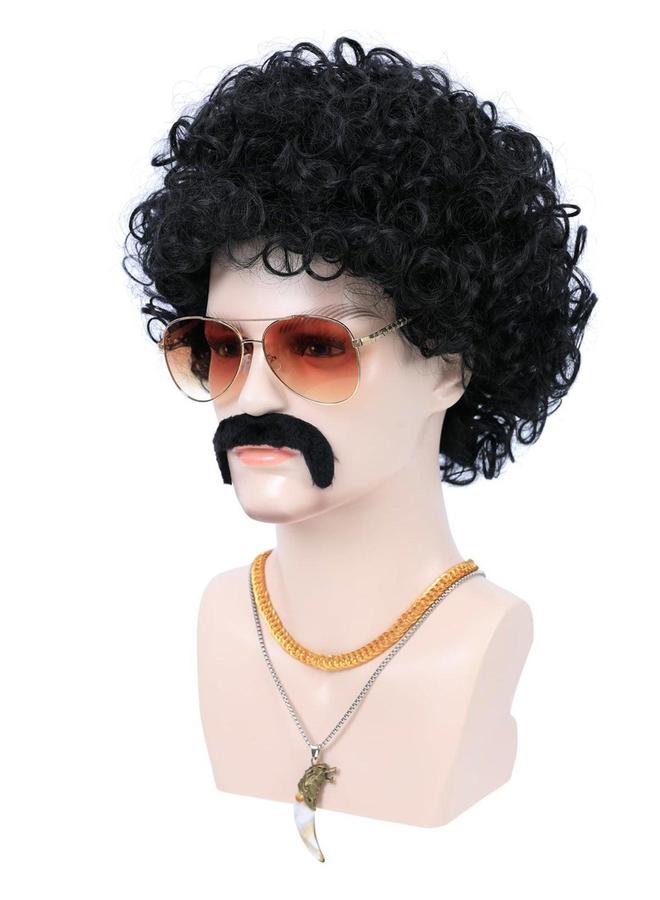 6pcs Set, 70s 80s Disco Wig with Mustache Glasses, Artificial Wolf Necklace Gold Chain, Short Curly Synthetic Hair Afro Men's for 60s Rocker Hippies Costume Cosplay Party (Black) - Image 2