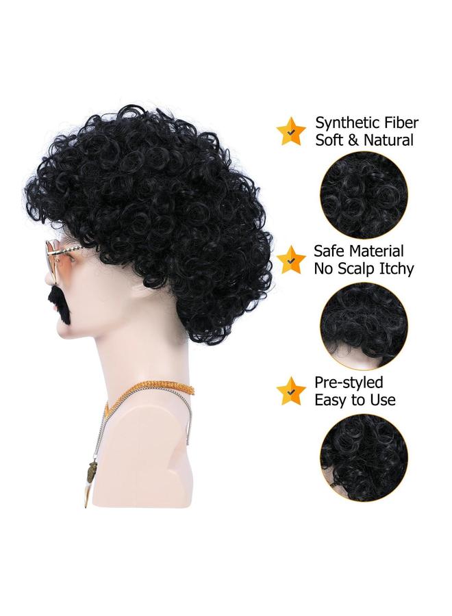 6pcs Set, 70s 80s Disco Wig with Mustache Glasses, Artificial Wolf Necklace Gold Chain, Short Curly Synthetic Hair Afro Men's for 60s Rocker Hippies Costume Cosplay Party (Black) - Image 4