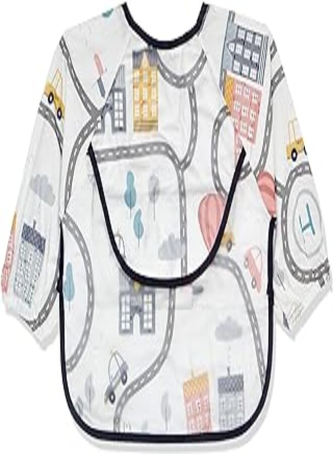 Mix and Max Mix&max baby bib long sleeves with silicone pocket printed car for unisex-white
