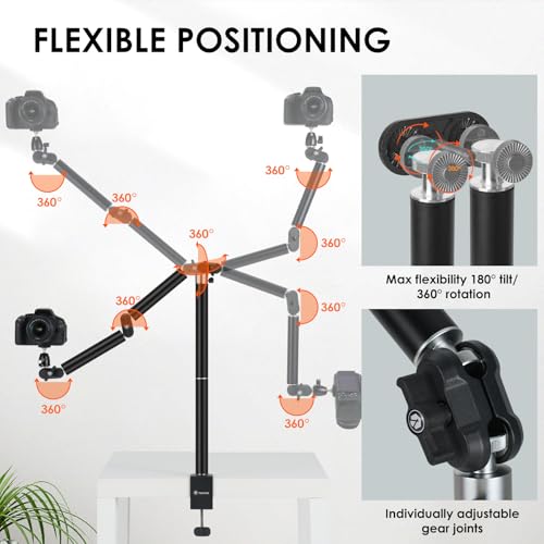 TARION Camera Desk Mount Overhead: Articulated Camera Arm Stand with Clamp 3/8'' 1/4'' Screws Adjustable Table Mount Flexible Gear Joints for DSLR, Phone, Projector TKA01-L (Upgraded Version) - Image 2