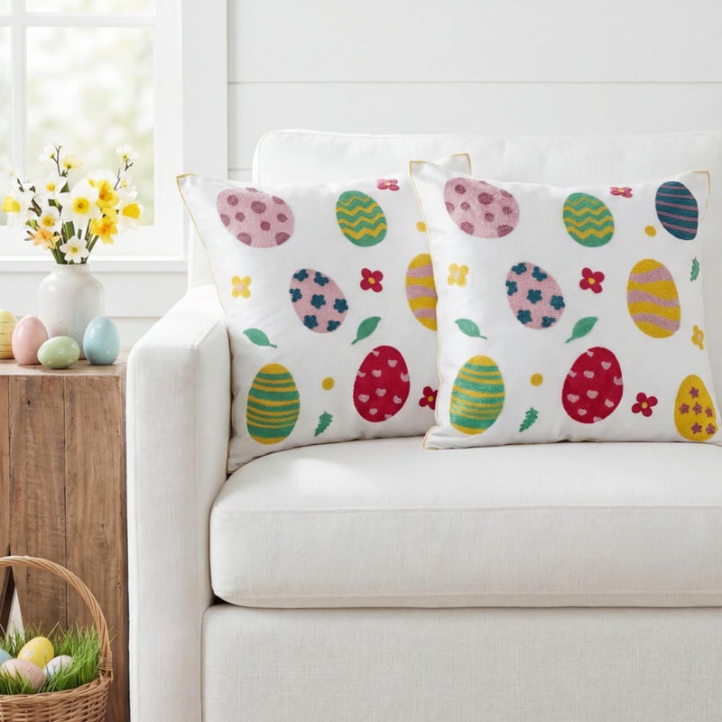 Hahafelt 2Pcs Easter Egg Throw Pillow Covers 18x 18 Colorful Egg Embroidered Pillow Covers with Zipper Spring Farmhouse Decorative Cushion Cases for Couch Sofa Bed Living Room Bedroom Decor Gift - Image 2