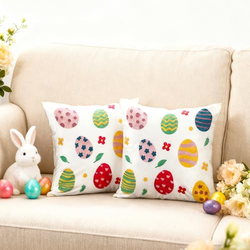 Hahafelt 2Pcs Easter Egg Throw Pillow Covers 18x 18 Colorful Egg Embroidered Pillow Covers with Zipper Spring Farmhouse Decorative Cushion Cases for Couch Sofa Bed Living Room Bedroom Decor Gift - Image 3