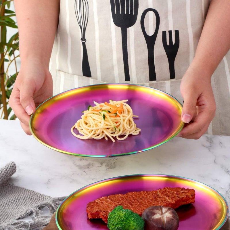 BISDARUN 4-Piece Stainless Steel Dinner Plates Dessert Salad Plates Set Indian  Mingcheng 9.1 Inch Colorful Metal Platter for Camping  Unbreakable and Reusable Dishwasher Safe (Rainbow) - Image 4