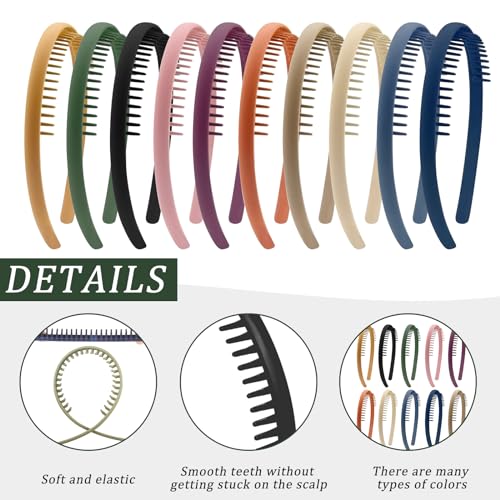 YONOY 10 PCS Thin Hair Bands with Teeth, Plastic Headbands for Girls, Non-Slip Teeth Comb Headbands - 10 Colors, Short Morandi Hair Accessories - Image 3