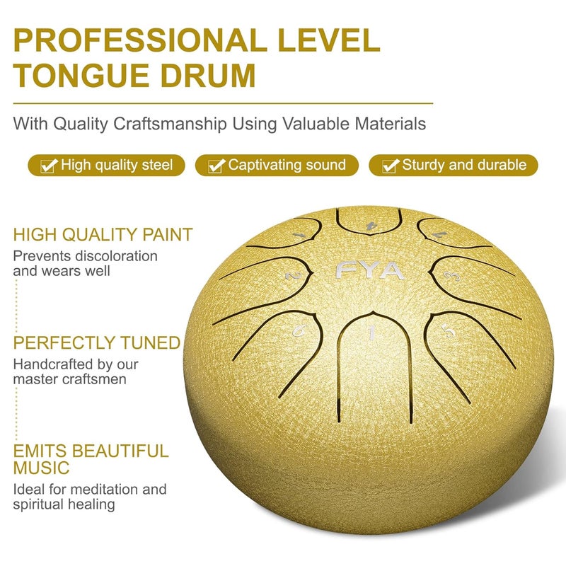 FYA 6 Inch Steel Tongue Drum 8 Notes C Major for Kids and Adults with Rubber Mallets, Finger Picks and Padded Travel Bag, Unique Gifts for Him or Her (Golden) - Image 2