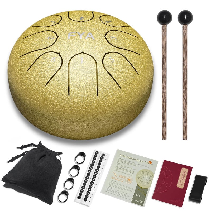 FYA 6 Inch Steel Tongue Drum 8 Notes C Major for Kids and Adults with Rubber Mallets, Finger Picks and Padded Travel Bag, Unique Gifts for Him or Her (Golden) - Image 1