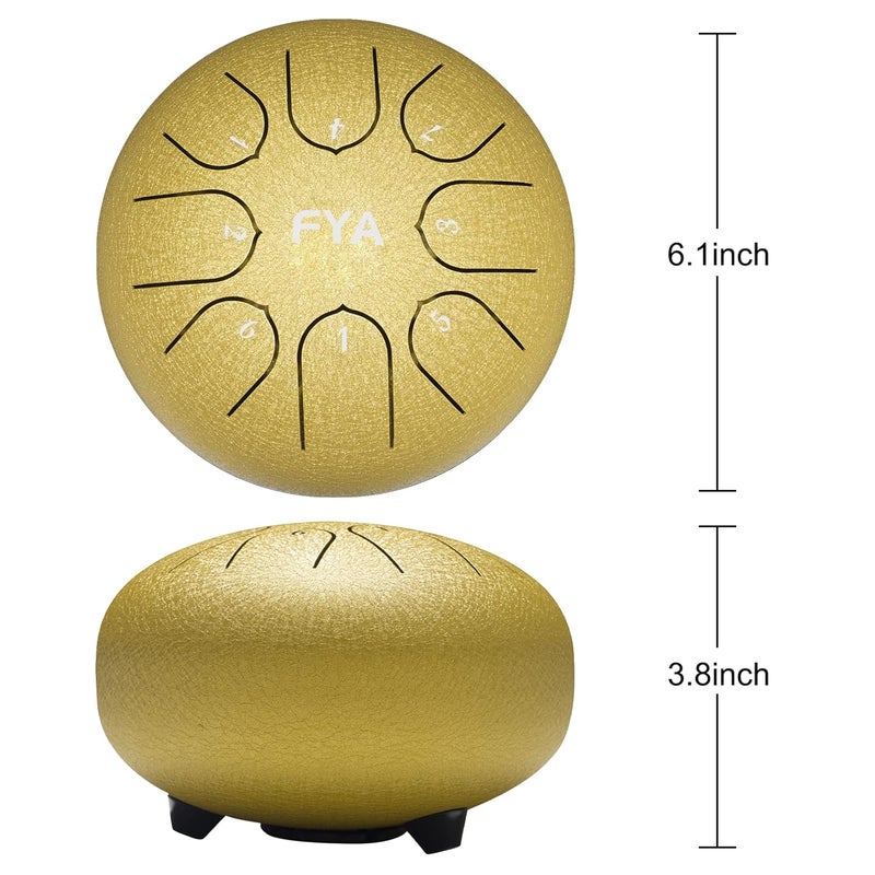 FYA 6 Inch Steel Tongue Drum 8 Notes C Major for Kids and Adults with Rubber Mallets, Finger Picks and Padded Travel Bag, Unique Gifts for Him or Her (Golden) - Image 5