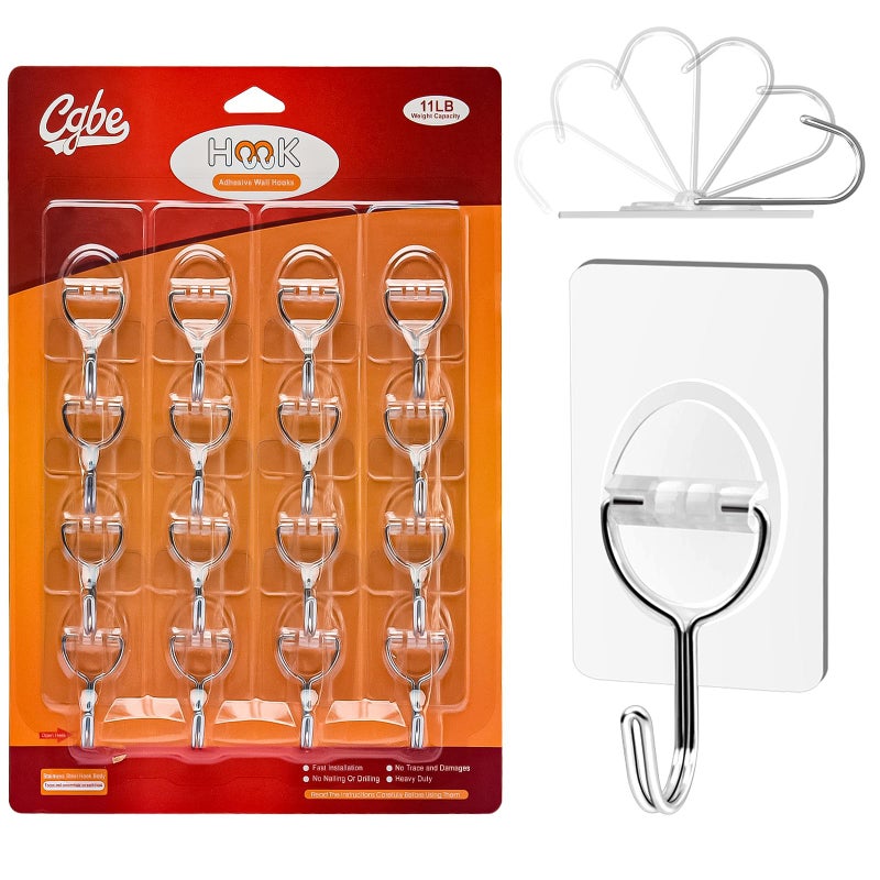 CGBE Adhesive Hooks Heavy Duty Sticky Hooks for Hanging 11 lbs Max Seamless Transparent Adhesive Hooks Wall Hangers Without Nails for Hanging Keys Coats Hats Bags Ceiling Clear16PACK