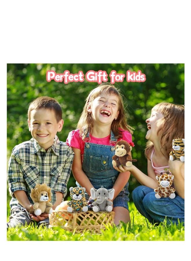Toy 6 Piece Mini Jungle Stuffed Animals Set Lion Tiger Elephant Giraffe Leopard Monkey Soft Plush Toys for Animal and Woodland Themed Parties for Classroom Prizes and Gift for Boys and Girls  - Image 1