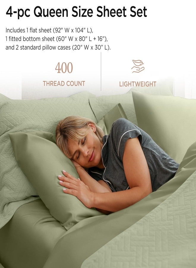 Threadmill طقم ملاءات قطنية مصرية فاخرة من ثريدميل، مقاس كوين | ملاءات قطنية مصرية معتمدة 100% لسرير كوين | طقم ملاءات سرير كوين بجيوب عميقة ومقاس مريح | طقم مفروشات ساتان ناعم وبارد | أخضر زيتوني - Image 2