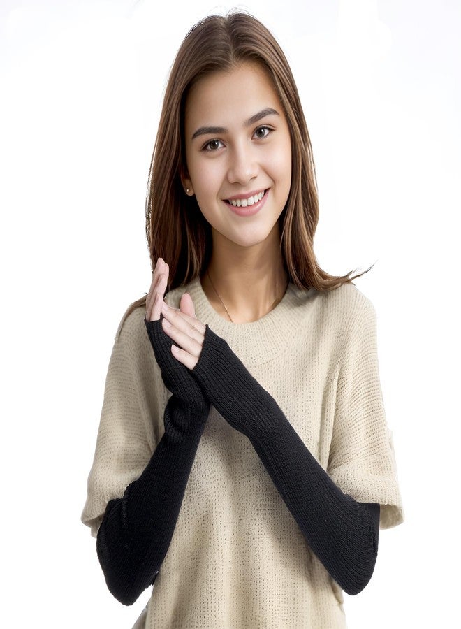 Tongcloud Wool Blended Arm Warmers Winter Fingerless Long Gloves for Women for Women with Thumb Hole, Black, 15.8inches - Image 4