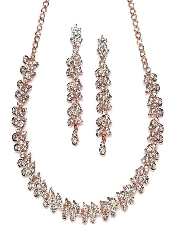 KENNICE Rose Gold-Plated Cubic Zirconia Studded Leafy Shaped Necklace With Earrings Jewellery Set For Girls and Women - Image 1