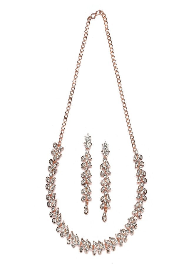 KENNICE Rose Gold-Plated Cubic Zirconia Studded Leafy Shaped Necklace With Earrings Jewellery Set For Girls and Women - Image 2