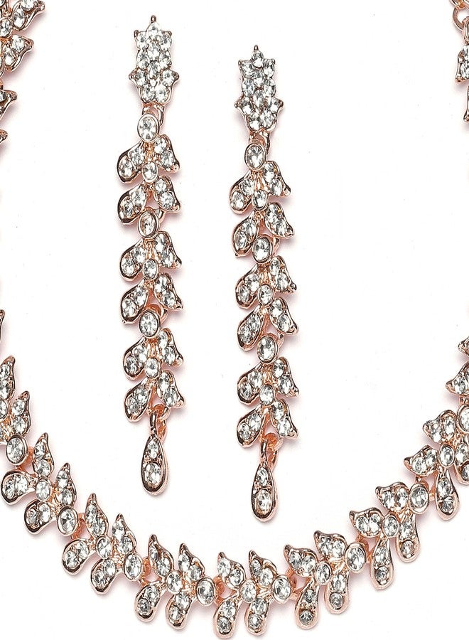 KENNICE Rose Gold-Plated Cubic Zirconia Studded Leafy Shaped Necklace With Earrings Jewellery Set For Girls and Women - Image 3