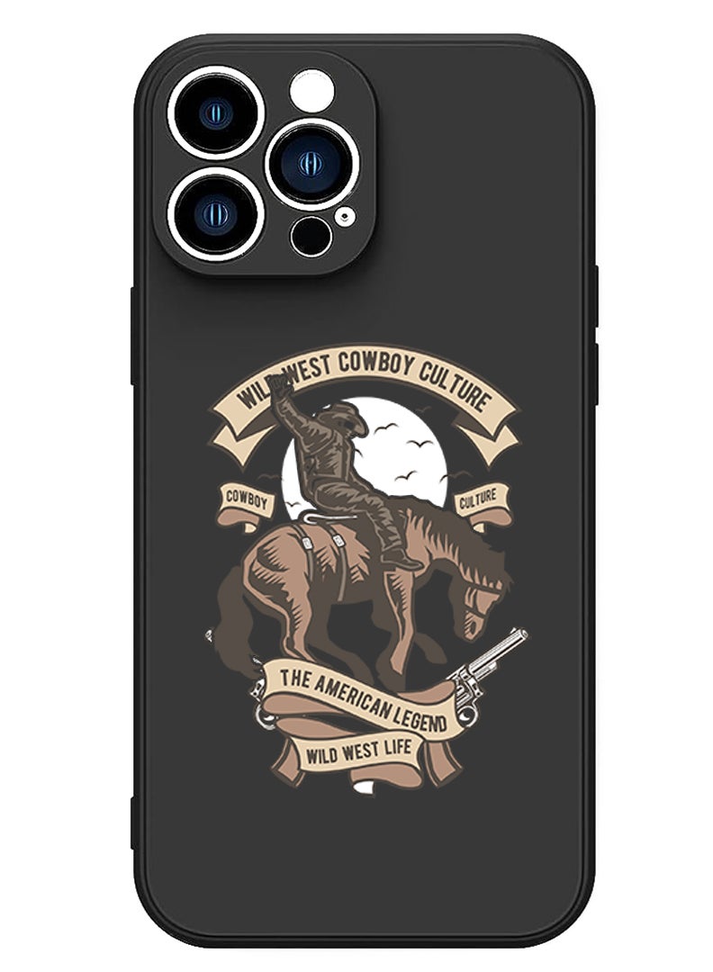 Theodor غطاء سليم واقي من السيليكون السائل مع حماية كاملة للجسم ضد الخدوش وصدمات لهاتف آيفون 14 برو ماكس باللون الأسود - ثقافة رعاة البقر في الغرب المتوحش - Image 1