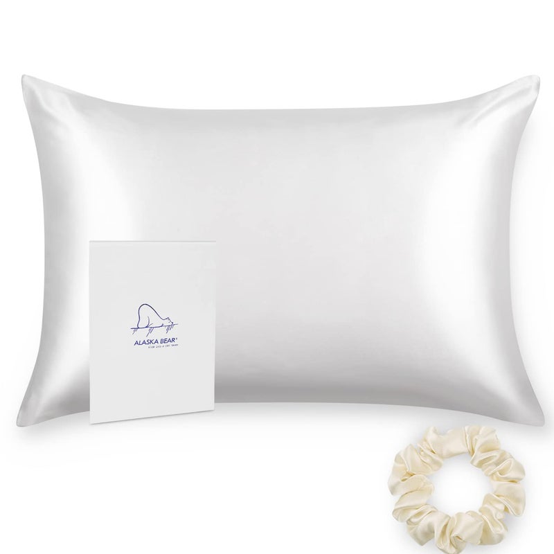 ALASKA BEAR Silk Pillowcase for Hair and Skin, Set of 2 Pure Genuine 22 Momme Mulberry Silk Pillow Cases Standard Size for Bliss Sleep Better Than Poly Satin, Zipper Closure(2pc, Cool White) - Image 1