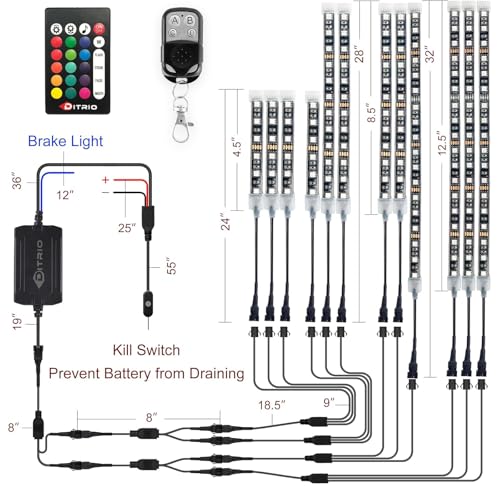 DITRIO 12pcs Underglow RGB LED Strip Light Kit DC 12V with 2 Red Blinking Brake Light Styles for Motorcycles Trikes Golf Carts ATVs UTVs – M12r - Image 3