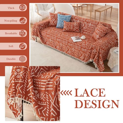 HANDONTIME Boho Aztec Sofa Slipcover for Sofa/Couch Farmhouse Geometric Couch Protector for Dogs with Tassel Brick Orange Couch Covers Sofa Cover for Dogs Cats Kids Bohemian Sofa Décor, 71" X150" - Image 4