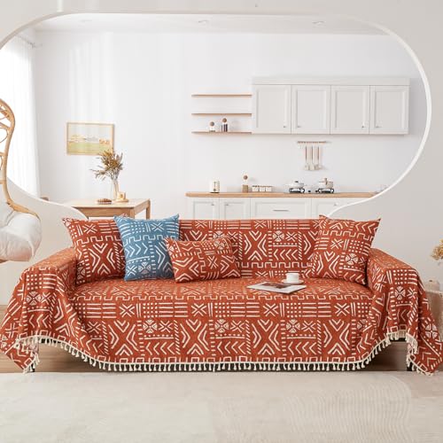 HANDONTIME Boho Aztec Sofa Slipcover for Sofa/Couch Farmhouse Geometric Couch Protector for Dogs with Tassel Brick Orange Couch Covers Sofa Cover for Dogs Cats Kids Bohemian Sofa Décor, 71" X150" - Image 1