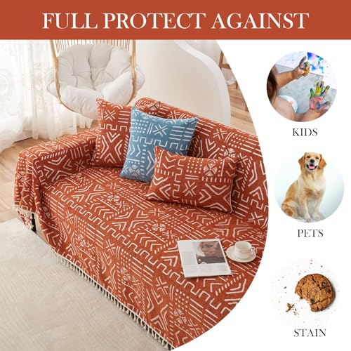 HANDONTIME Boho Aztec Sofa Slipcover for Sofa/Couch Farmhouse Geometric Couch Protector for Dogs with Tassel Brick Orange Couch Covers Sofa Cover for Dogs Cats Kids Bohemian Sofa Décor, 71" X150" - Image 5