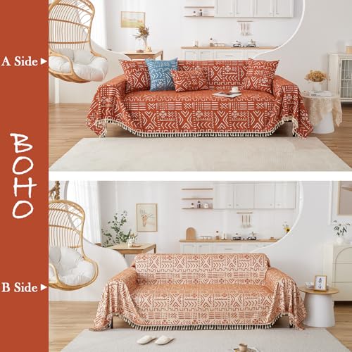 HANDONTIME Boho Aztec Sofa Slipcover for Sofa/Couch Farmhouse Geometric Couch Protector for Dogs with Tassel Brick Orange Couch Covers Sofa Cover for Dogs Cats Kids Bohemian Sofa Décor, 71" X150" - Image 2