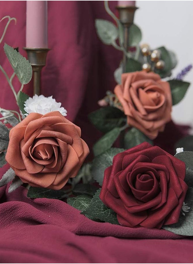 Sweet Life 25 PCS Floroom Artificial Flowers Real Looking Burgundy Foam Fake Roses with Stems for DIY Wedding Bouquets Red Bridal Shower Centerpieces Party Decorations  - Image 3
