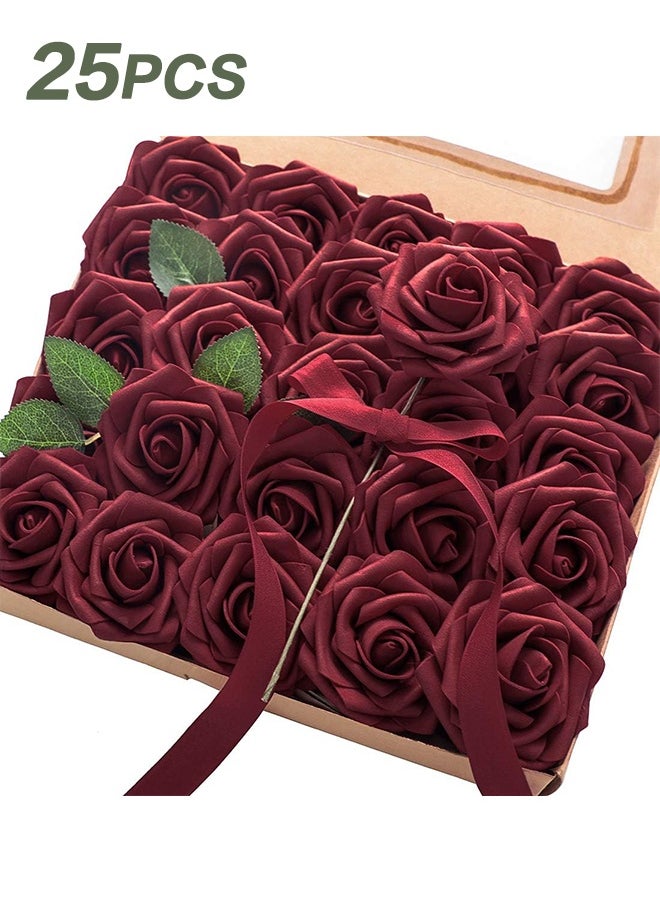 Sweet Life 25 PCS Floroom Artificial Flowers Real Looking Burgundy Foam Fake Roses with Stems for DIY Wedding Bouquets Red Bridal Shower Centerpieces Party Decorations  - Image 1