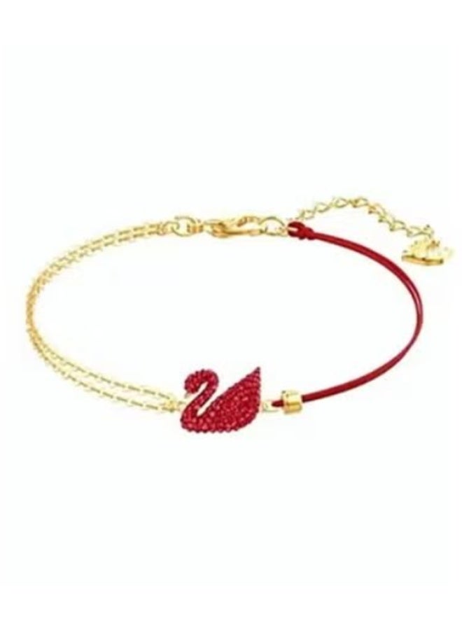 Swan Red Crystal Swan Double-Layer Bracelet (Leather + Gold-Tone Chain)