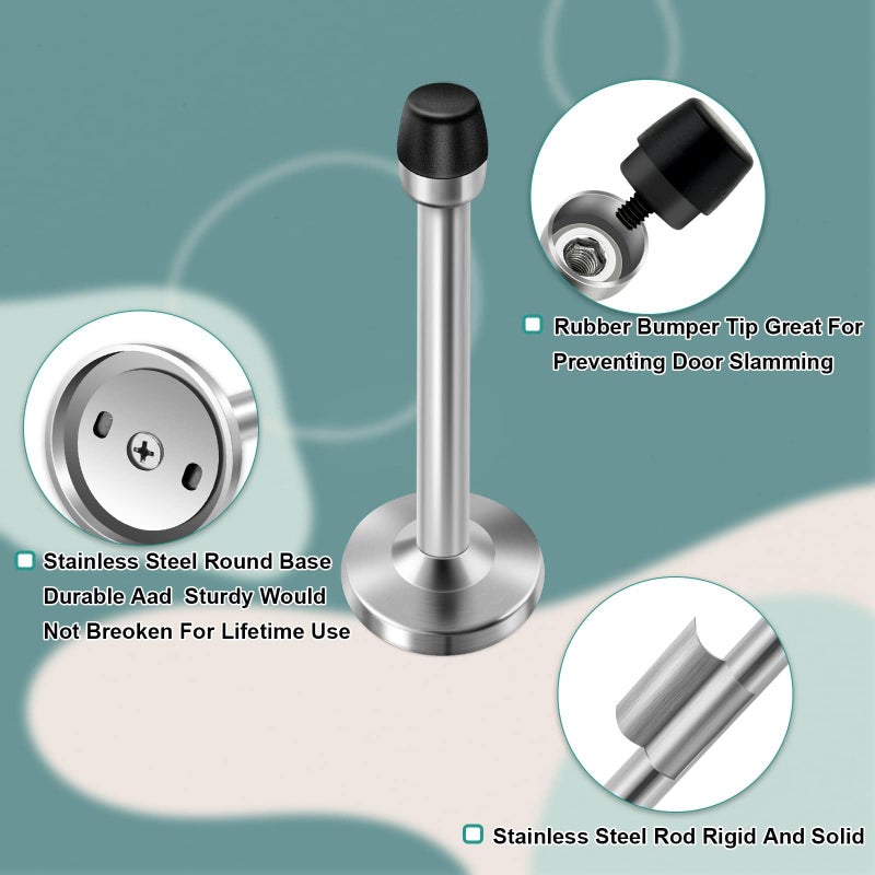 JZS Door Stops, Brushed Satin Door Stopper Mute Solid Rigid Door Stop with No Odor Rubber Tip, Heavy Duty Nickel Rubber Door Holder, Black Doorstops (4 Pack, Silver, 12CM) - Image 2