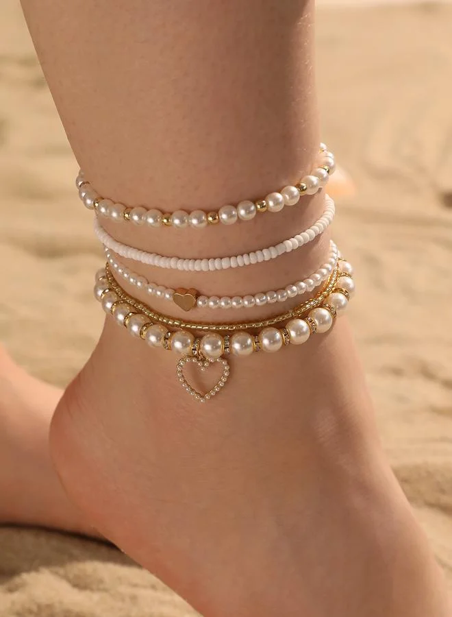 تايك تو Set of 5 - Beaded Pearl and Heart Anklet