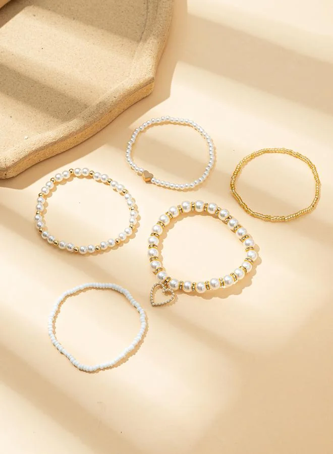 Take Two  Set of 5 - Beaded Pearl and Heart Anklet for Women | Best Price UAE
