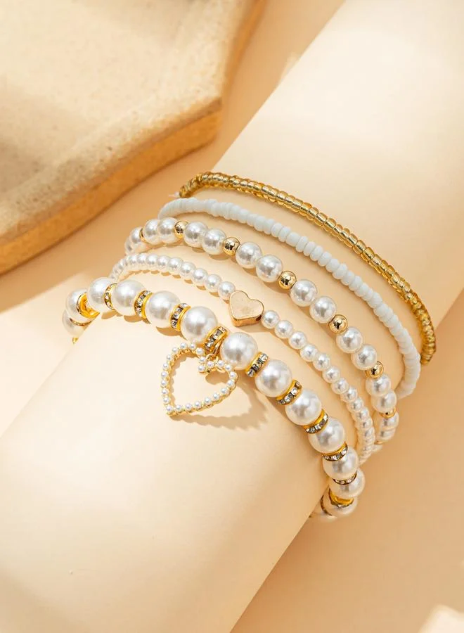تايك تو Set of 5 - Beaded Pearl and Heart Anklet