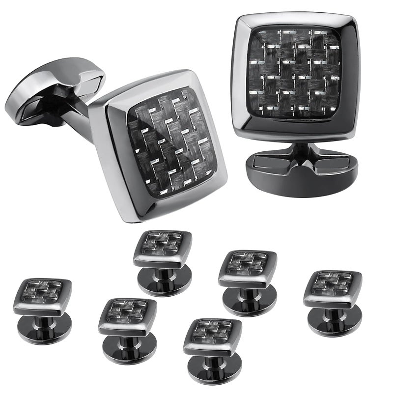 HAWSON Cufflinks and Studs for Men-Fashion Men Vintage Enamel Carbon Fiber Tuxedo Shirt Cufflinks and Studs Set for Regular Wedding Business Accessories (BLACK Square Carbon Fiber Cufflinks and studs) - Image 1