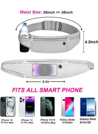 Slim Running Belt for Women Men, Runners Fanny Pack Phone Holder, Money Belt, Running Gear Accessories, with 3 Pockets (Gray) - view 5