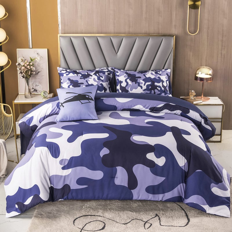 PERFEMET PERFEMET 6 Pcs Blue Camo Comforter Set Twin Bed in A Bag Farmhouse Camouflage Army Bedding Sets with Sheets for Boys Ultra Soft Lightweight Comforter Duvet Set TwinBlue 