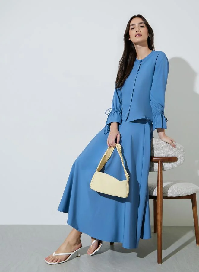 Blue Solid Tie-Up Sleeves Top and A-Line Maxi Skirt Set
