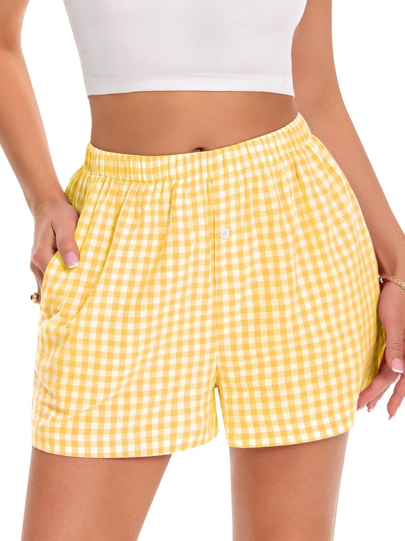 CHICGAL Boxer Shorts for Women Summer Gingham Pajama Casual Plaid Shorts Y2K Beach Bottoms with Pocket(Yellow, M) - Image 1
