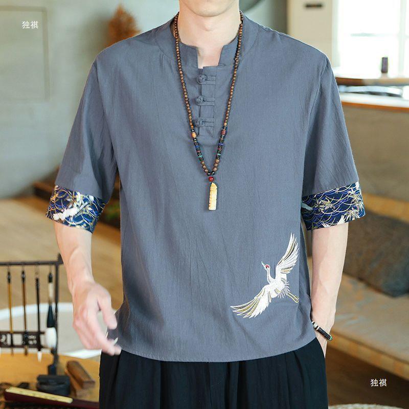 Chinese Style T-Shirt Men'S Summer Thin Crane Embroidered Cotton And Linen Short-Sleeved T-Shirt Men'S Loose Buckle Half-Sleeved Men'S Half-Sleeved T-Shirt - Image 4