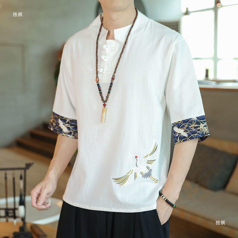 Chinese Style T-Shirt Men'S Summer Thin Crane Embroidered Cotton And Linen Short-Sleeved T-Shirt Men'S Loose Buckle Half-Sleeved Men'S Half-Sleeved T-Shirt - Image 5