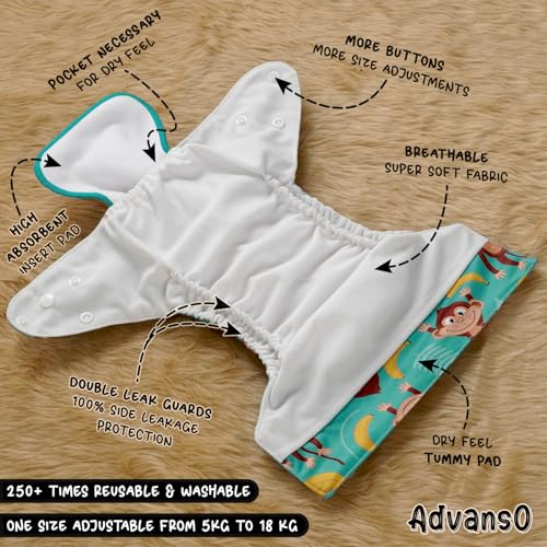 Advanso Leakage Proof cloth diapers for babies, high absorbent 2 reusable diaper 2 insert pad combo pack washable cloth diaper free size 5-18kg adjustable pocket cover 21 - Image 3